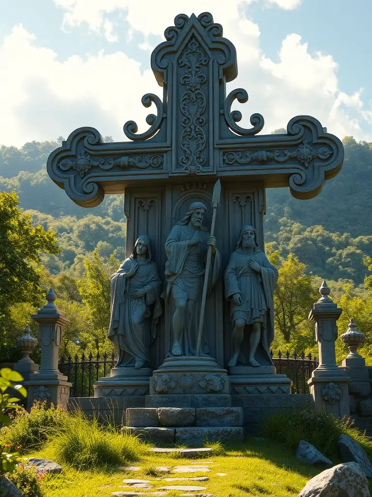 An image of a traditional Breton Calvary, highlighting its sculpted figures and religious symbolism within the landscape of Guingamp.