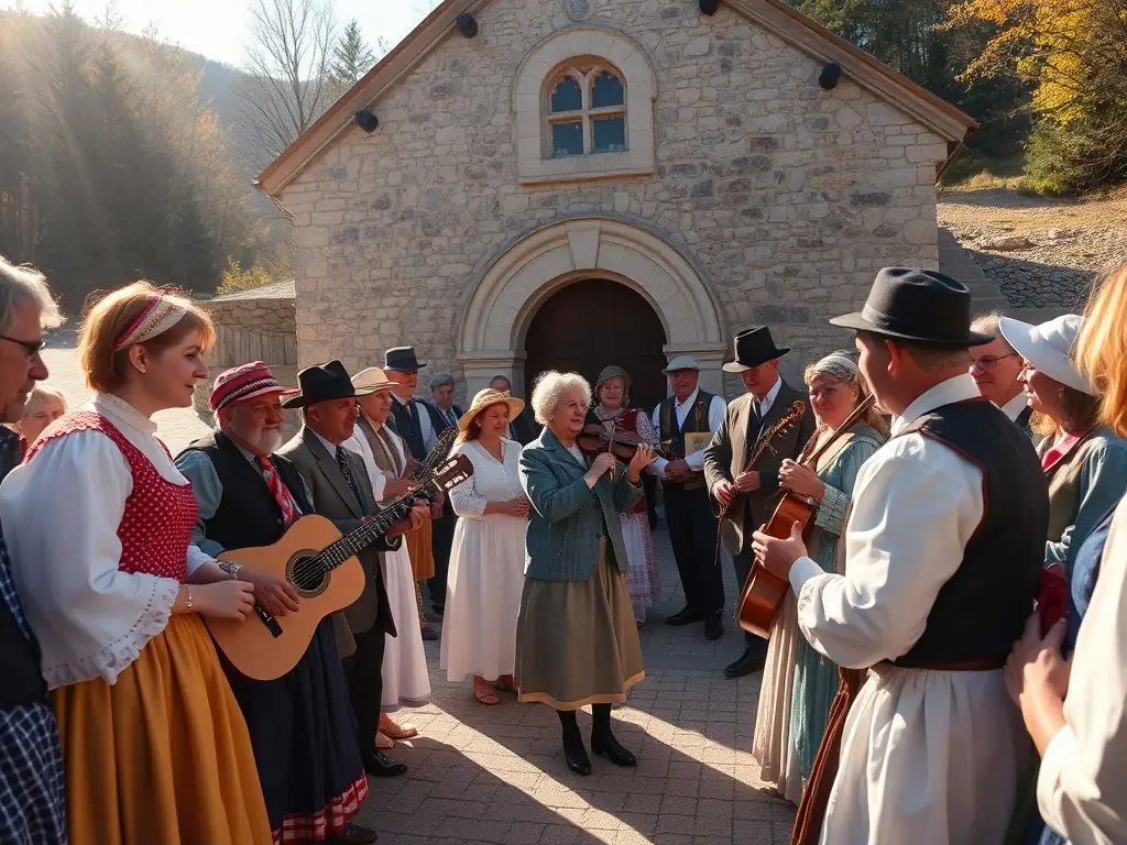 A photograph capturing a community event held at the Saint Léonard Chapel, featuring local residents participating in a traditional celebration with music, food, and historical reenactments.