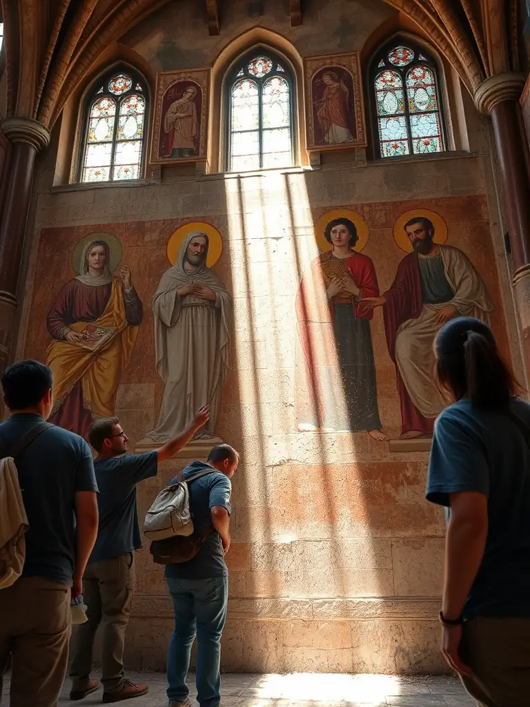 A photograph capturing volunteers cleaning and preserving the interior of the Saint Léonard Chapel, focusing on the delicate artwork and historical artifacts.