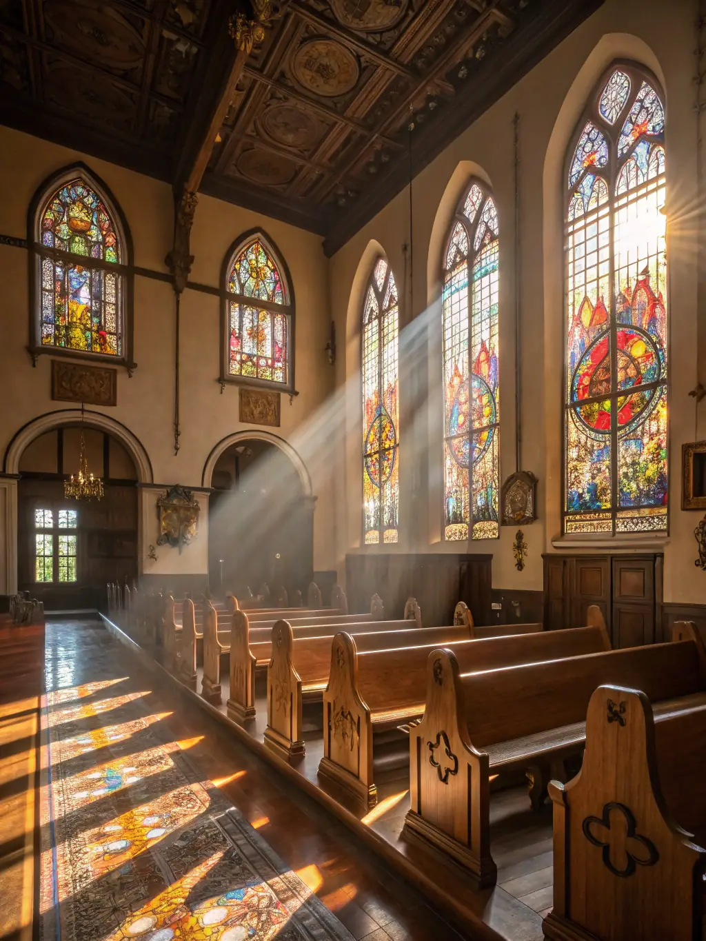 A photograph of the interior of a small, rural chapel, showcasing its simple yet elegant design and devotional atmosphere.