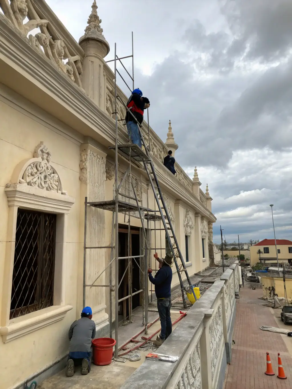 A photograph showcasing the exterior restoration work on the Saint Léonard Chapel, highlighting the architectural details and the skilled craftsmanship involved.